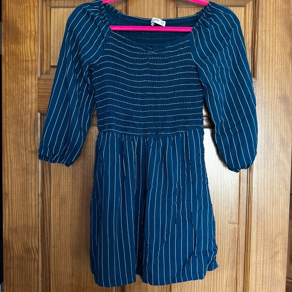 Abercrombie Kids Dress Girls 13/14 Dark Blue Stripes Ruching Smocked Fall Casual - Picture 1 of 3